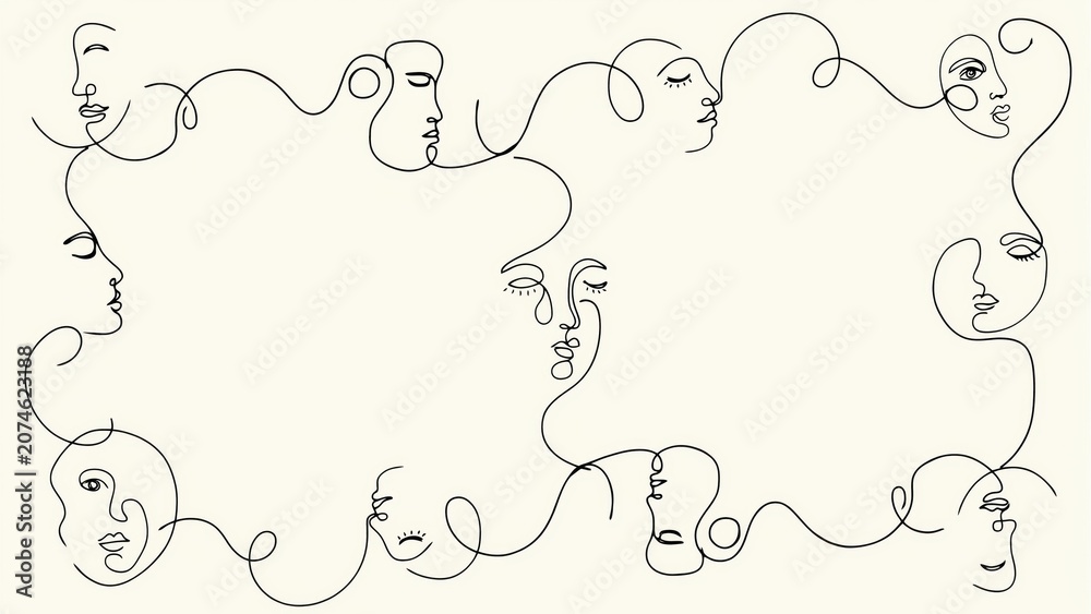 Fototapeta premium Faces illustrated in a continuous line art style create a minimalist pattern with a beige background for text.