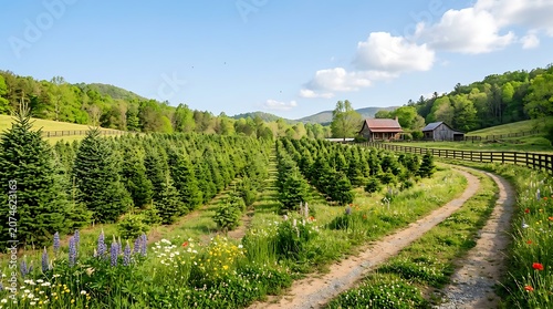 Serene rural landscape with tree farm.