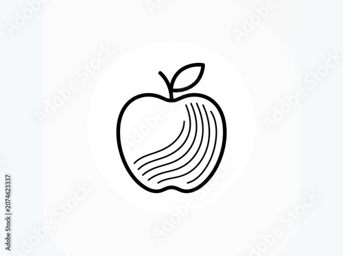 A perfect black line art drawing of round and sweet an apple with a perfect leaf on top