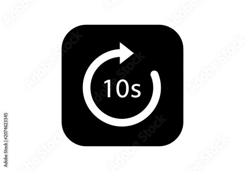 A deep black square silhouette icon with white 10 second timer symbol silhouette and bended arrow