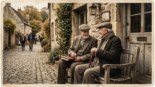 Elderly men sitting on bench street.