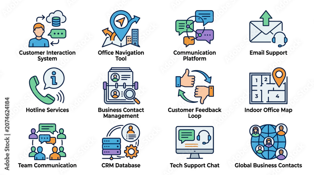 Fototapeta premium Professional Set of Modern Business Contact Solutions Including Interactive Customer Service Icons Office Wayfinding Signage Digital Communication Tools Email Assistance Hotline Support Syst