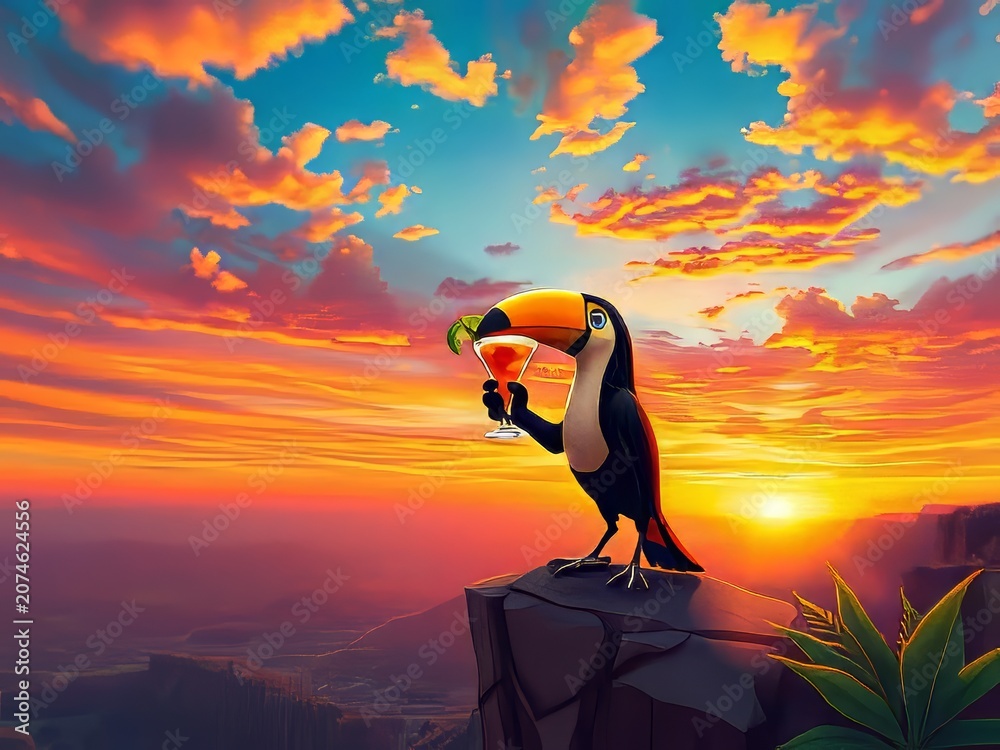Fototapeta premium Toucan perched on cliff edge at sunset.