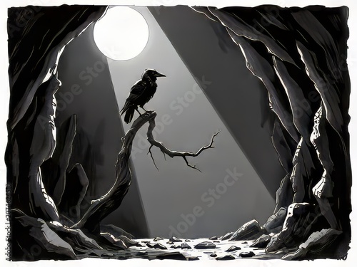 A black bird perches on a branch inside a cave with a moonlit background.