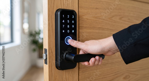 Smart Lock Operation with Finger on Keypad in Modern Interior