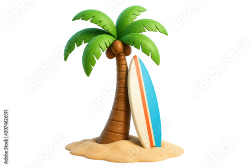 Surfboard Leaning Against Palm Tree on Sand