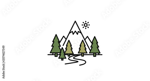 Minimalist Mountain Landscape with Pine Trees and Winding Path