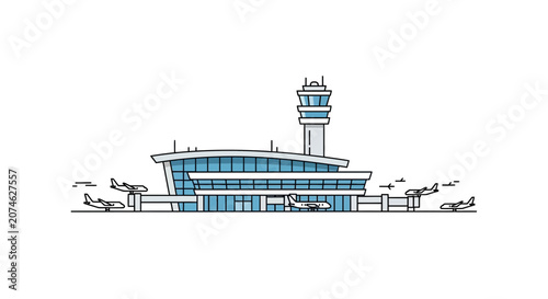 Modern Airport Terminal Building with Airplanes and Control Tower