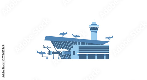Modern Airport Terminal Building with Airplanes and Control Tower