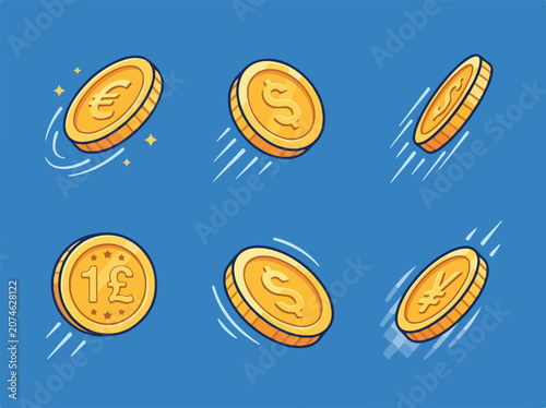 Collection of golden coins with different currency symbols flying and spinning against a blue background