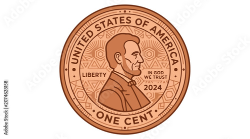 Close-up illustration of a United States one cent coin featuring Abraham Lincoln's profile and the year 2024