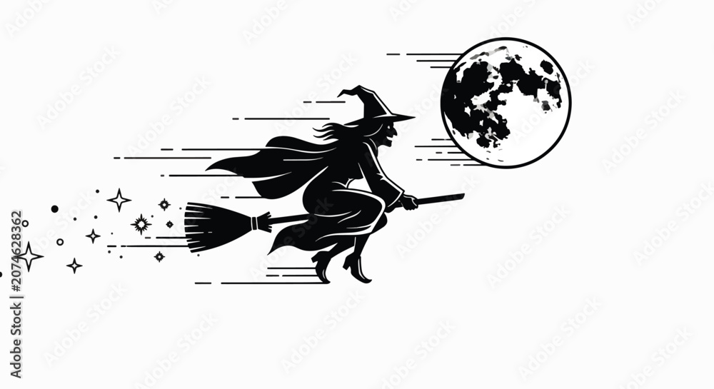 Obraz premium A witch flies on her broomstick towards the full moon with sparkles around her in the night sky.