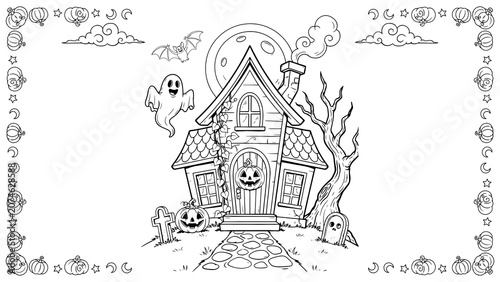 A haunted house coloring page with a ghost and pumpkins isolated on a transparent background