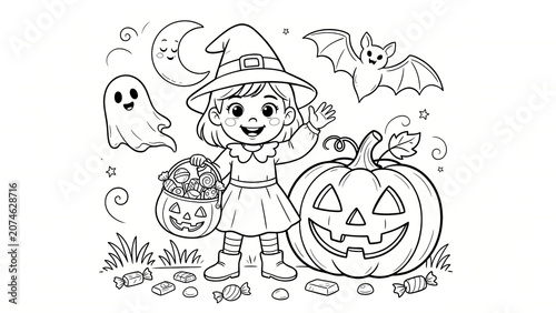 A little girl in a witch costume with a pumpkin and ghost isolated on a transparent background