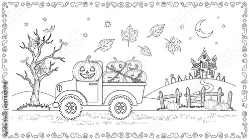 A pickup truck carries jack-o-lantern pumpkins past a haunted house isolated on a transparent background