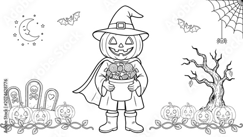 A pumpkin head character in a witch hat holds a candy bucket isolated on a transparent background