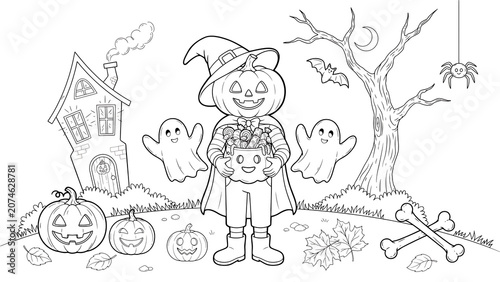A pumpkin head character holding a candy bucket for halloween isolated on a transparent background
