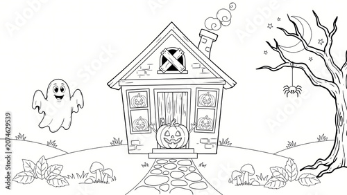 A spooky haunted house with a ghost and pumpkin for halloween isolated on a transparent background