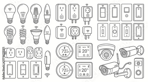 Fotografía Line art icon set of smart home technology and electrical devices for automation, in isolated white background