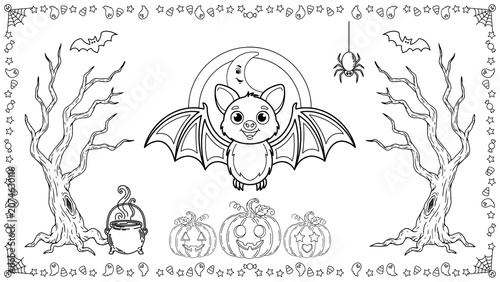 Cute bat flying with pumpkins and trees for halloween coloring isolated on a transparent background