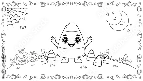 Cute candy corn character coloring page for halloween isolated on a transparent background