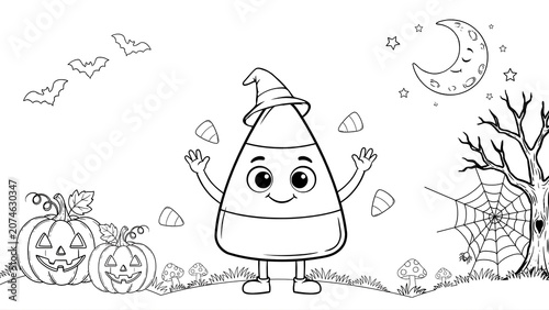 Cute candy corn character wearing a witch hat for halloween isolated on a transparent background