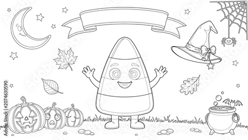 Cute candy corn character with halloween coloring page isolated on a transparent background