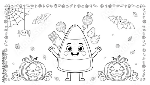 Cute candy corn character with pumpkins for halloween coloring page isolated on a transparent background