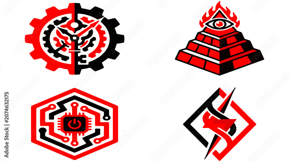 Obraz premium Red and black cyberpunk emblem set with industrial gear and pyramid symbols isolated on transparent background abstract vector illustration 