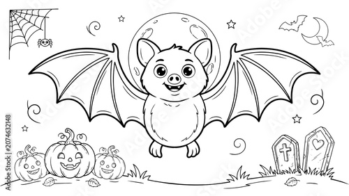 Cute cartoon bat flying in front of a full moon for halloween isolated on a transparent background