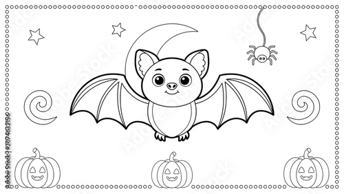 Cute cartoon bat flying with a spider and pumpkins for halloween isolated on a transparent background
