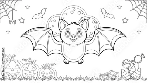 Cute cartoon bat flying with pumpkins for halloween coloring page isolated on a transparent background
