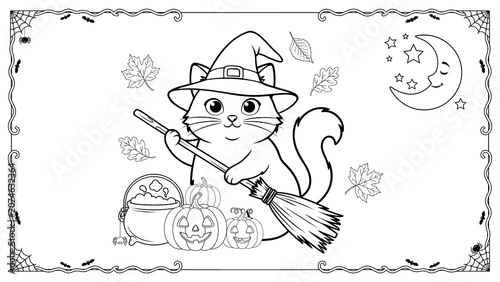 Cute cat in a witch hat holding a broom for halloween coloring isolated on a transparent background
