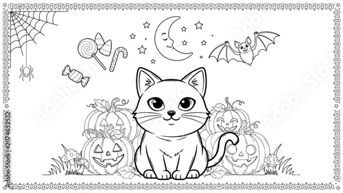 Cute cat sitting among halloween pumpkins and spooky decorations isolated on a transparent background