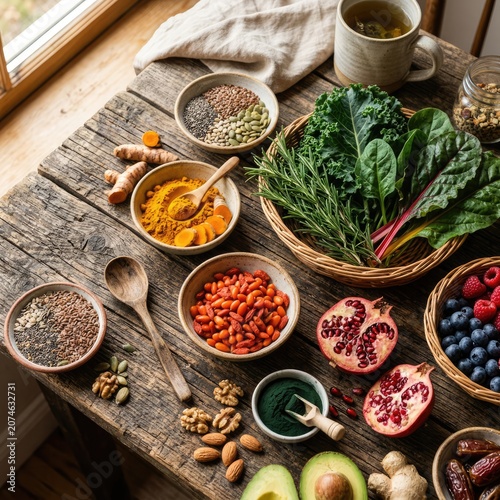 Assorted superfood ingredients and spices on rustic wood.