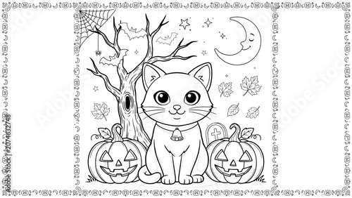 Cute cat sitting between jack-o-lantern pumpkins for halloween isolated on a transparent background