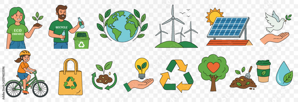 Fototapeta premium Vector green life png. Ecology and environment protection vector icon set. Collection of symbols for green energy, recycling, and sustainable world in flat style.