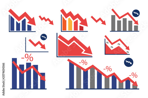 Set Symbol chart going down. Decreasing stock icon. Graph decrease. Arrow pointing down on graph. Bar chart symbol icon with arrow moving down suitable for logo web 