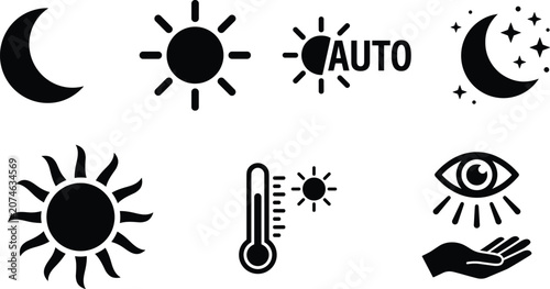 Bild auf Leinwand Set of weather and eye care interface icons representing various meteorological conditions and vision health