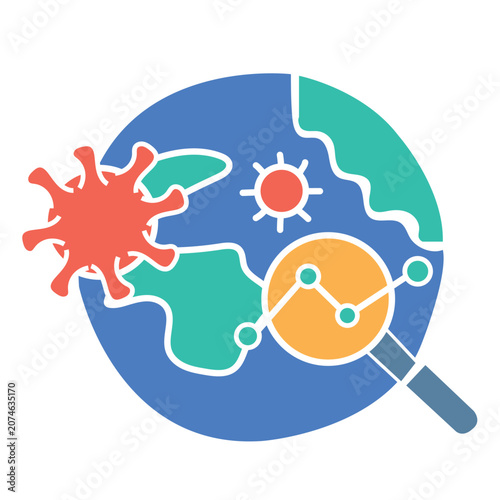 Global pandemic data analysis icon with virus cells