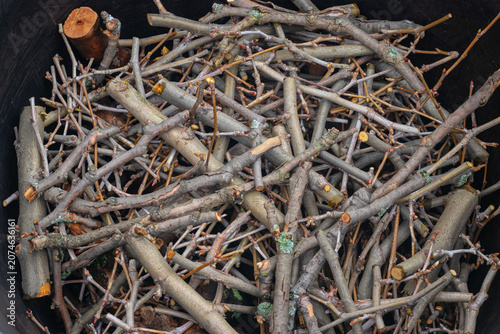 Overhead closeup of a pile of broken sticks