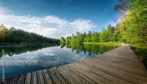 Tranquil Lake Landscape With Wooden Boardwalk Under Sunny Sky Surrounded By Lush Green Trees Reflecting On Still Water