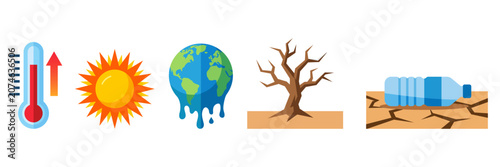 Global warming and climate change vector icons set, melting earth planet, high temperature thermometer, sun heatwave, drought and plastic pollution concepts for environmental designs.