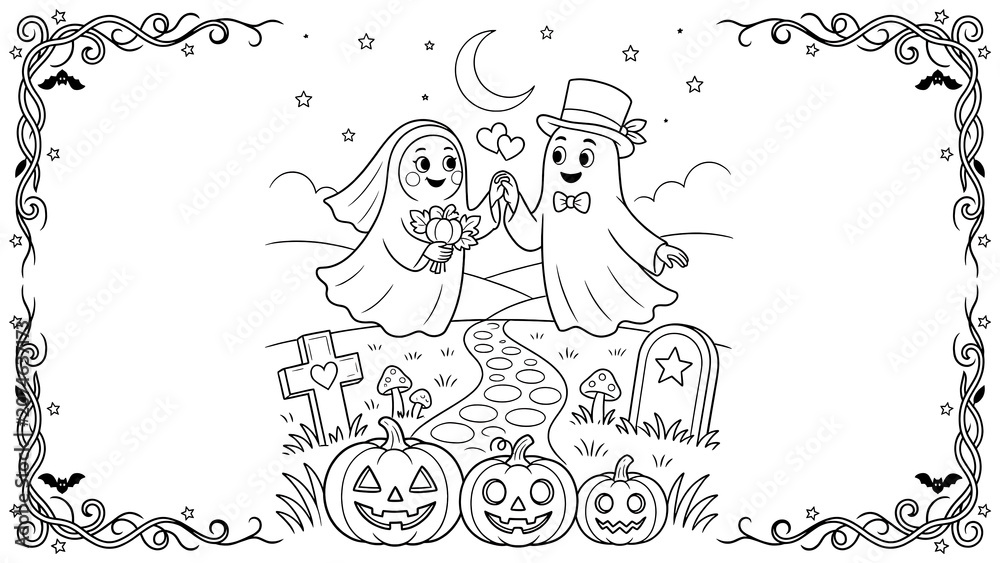 Fototapeta premium Cute ghost bride and groom holding hands in a spooky graveyard isolated on a transparent background