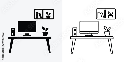 Tableau sur toile Office desk computer workstation silhouette icons