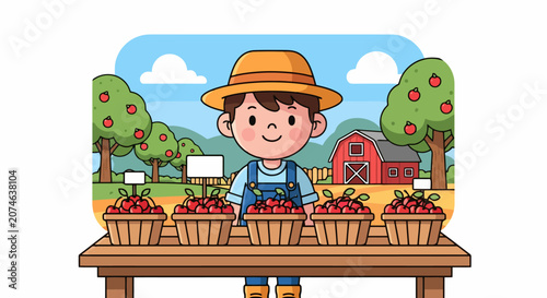 Young farmer proudly displays fresh fruit harvest at market stall.