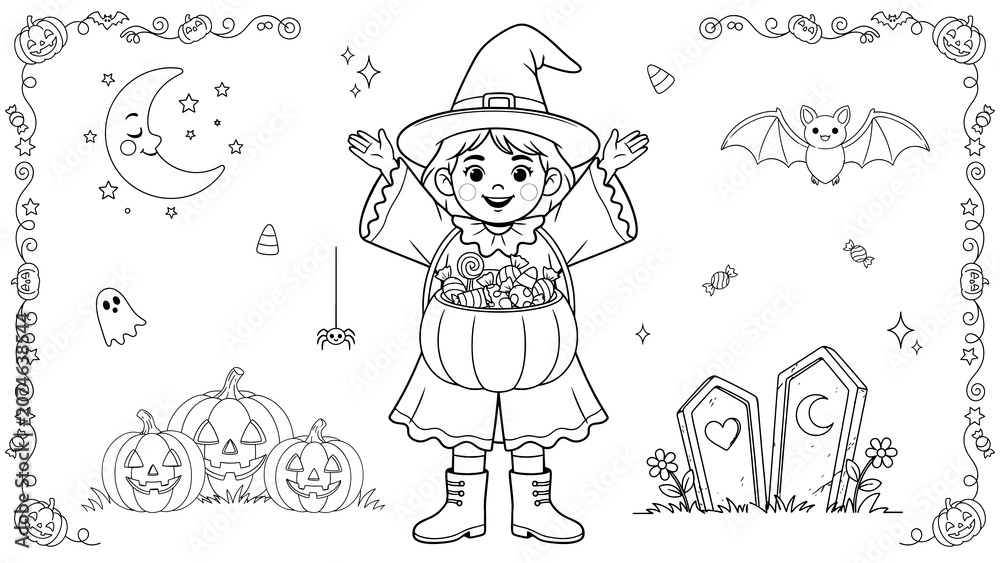 Fototapeta premium Cute witch girl holding a pumpkin bucket for halloween coloring page isolated on a transparent background