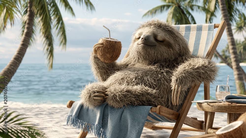 Fototapeta premium Sleepy Sloth Enjoys Coconut Drink While Relaxing on Beach Chair Under Palm Trees