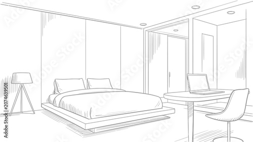 Foto Modern bedroom interior line art vector illustration sketch with comfortable dou