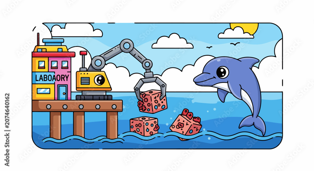 Fototapeta premium A cute dolphin swimming in the ocean next to a pier with a claw machine.